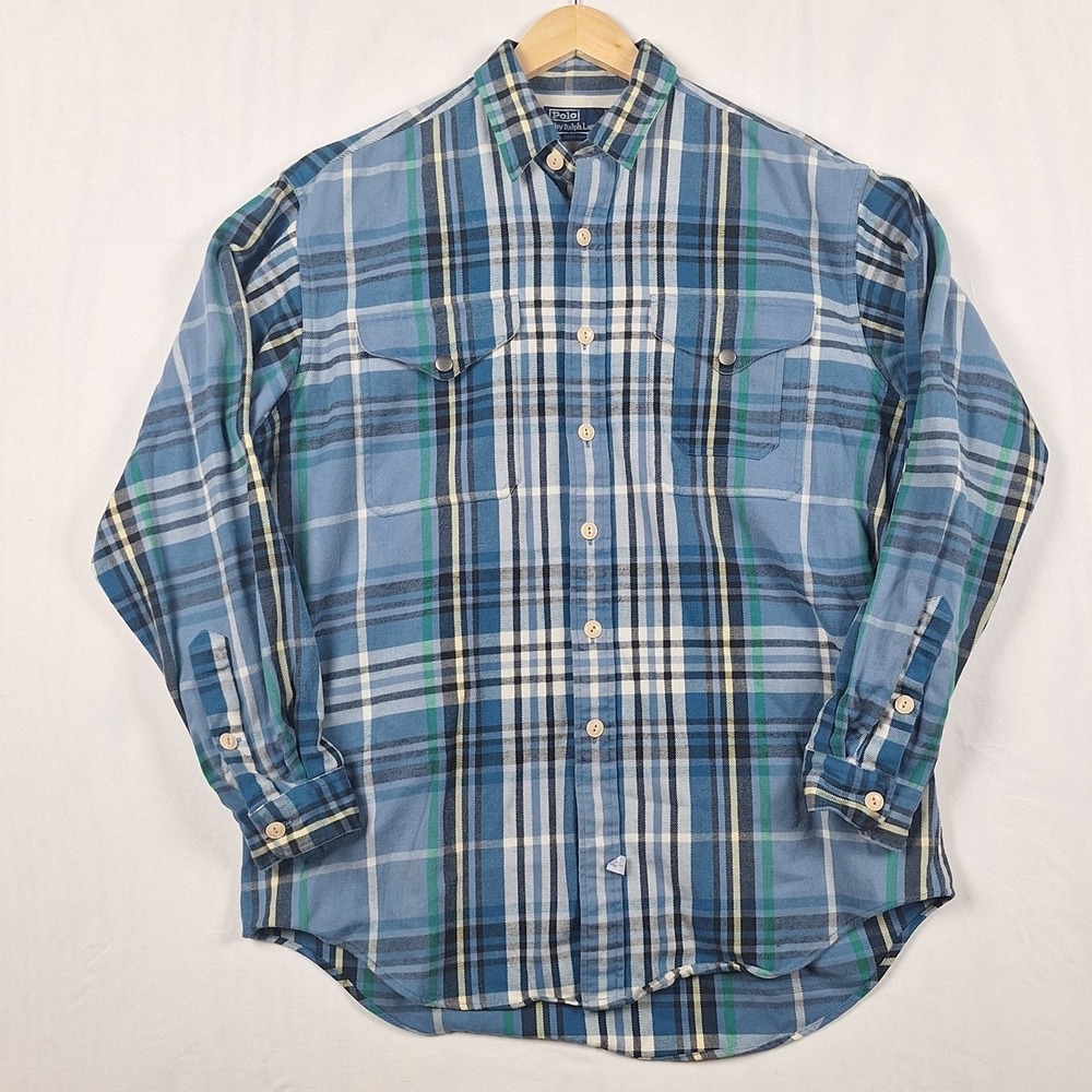 Polo Ralph Lauren Vintage 90s Plaid Button Down Shirt Workwear Blue Large